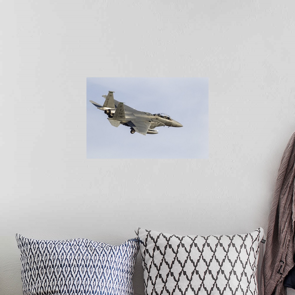 A bohemian room featuring A U.S. Air Force F-15E Strike Eagle.