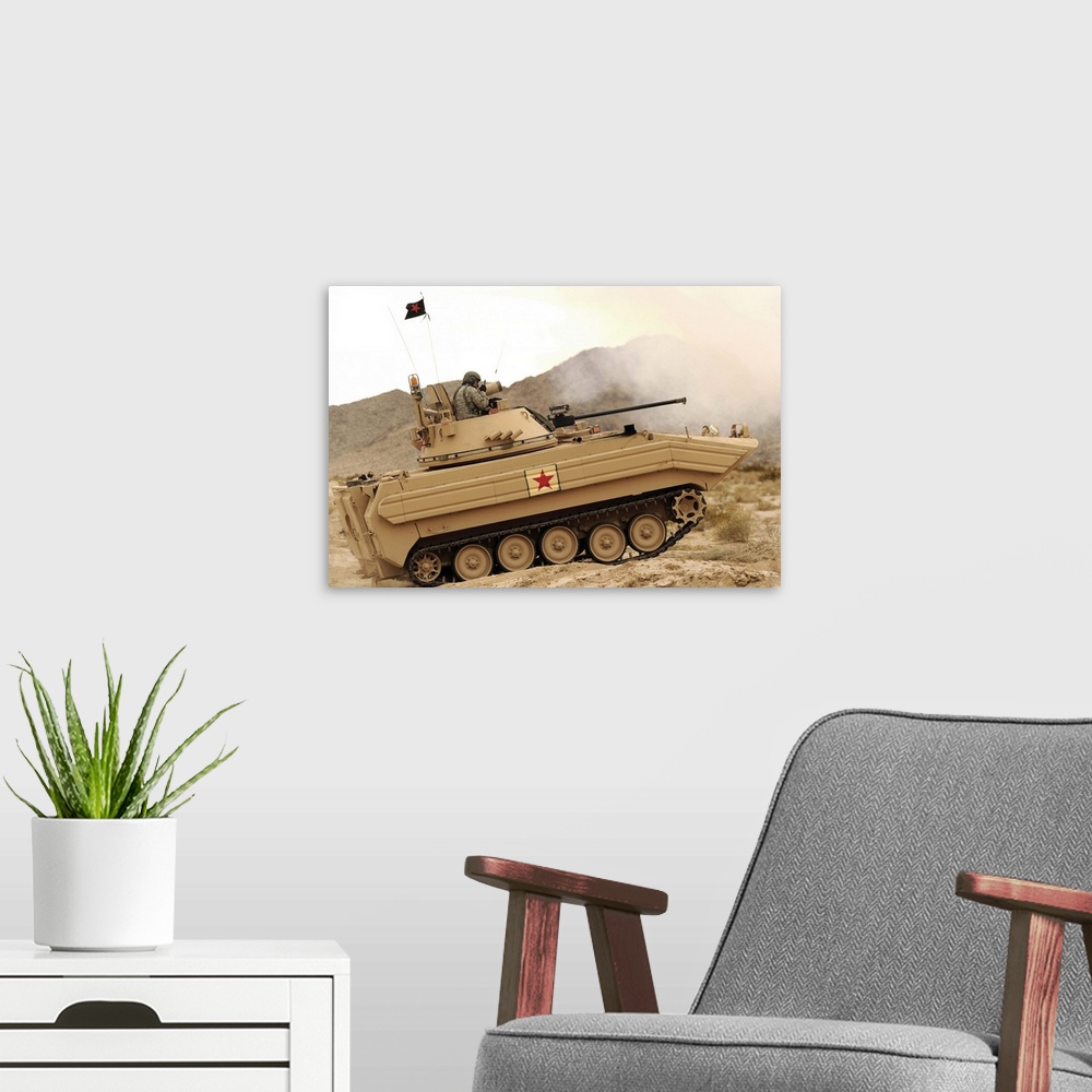 A modern room featuring A U.S. Army soldier trains on an M113 armed personnel carrier.