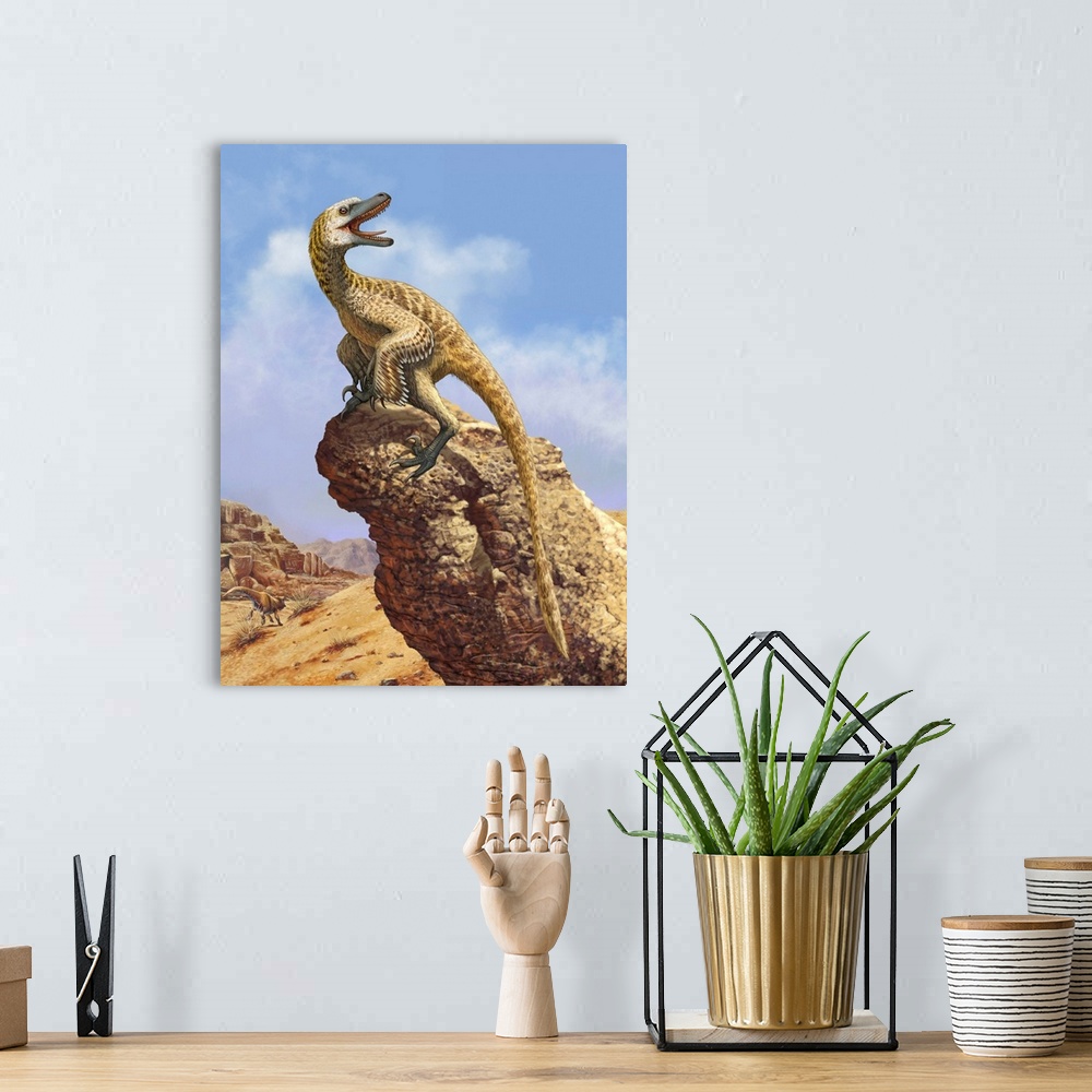 A bohemian room featuring A Velociraptor screams loudly while perched on top of a rock formation.