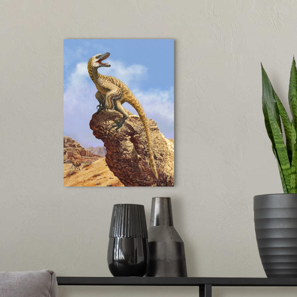 A modern room featuring A Velociraptor screams loudly while perched on top of a rock formation.