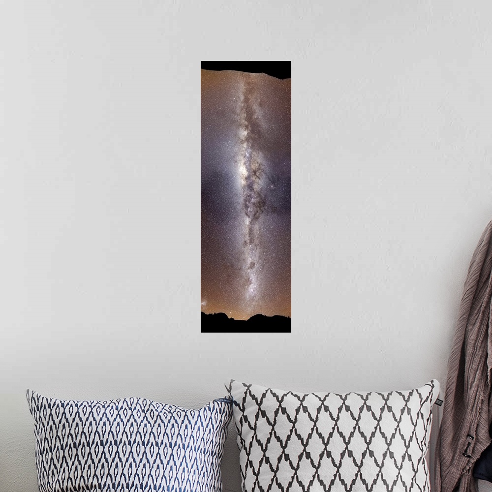 A bohemian room featuring A vertical panorama showing the Milky Way extending 180 degrees from horizon to horizon, Sierra d...