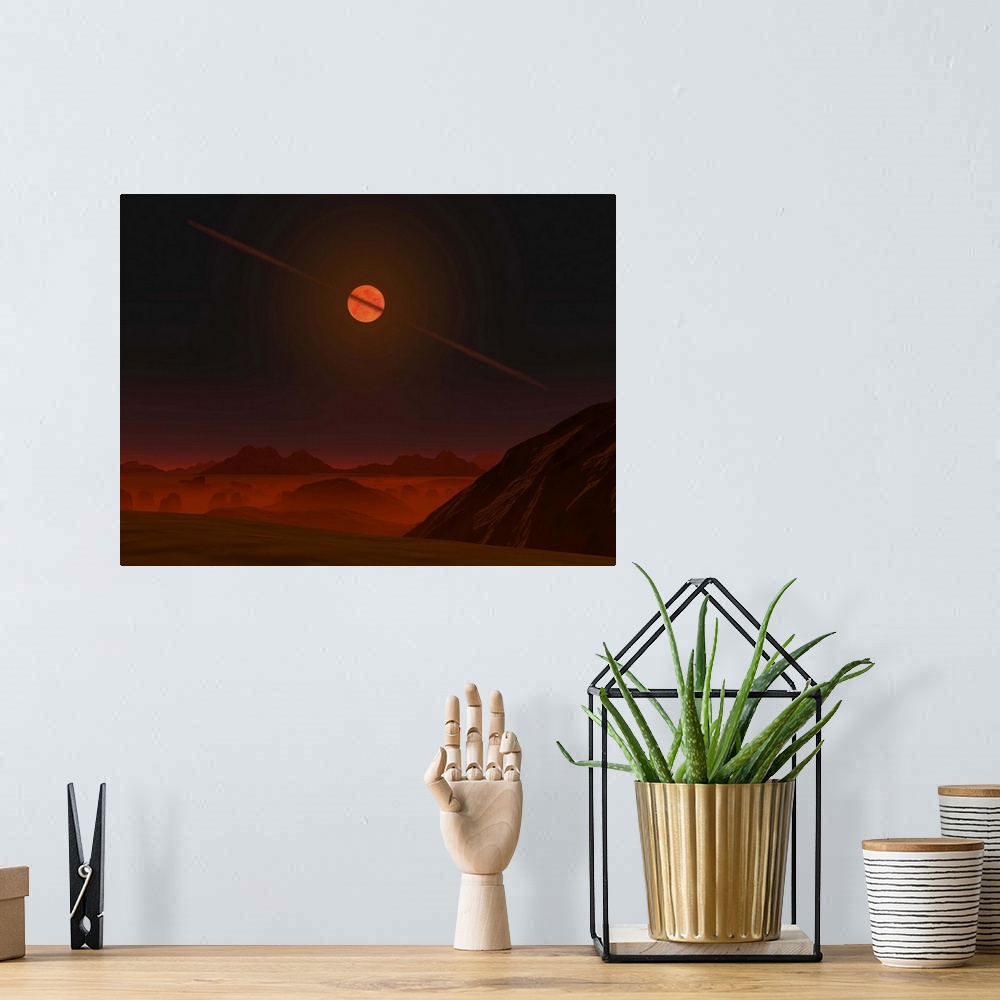 A bohemian room featuring A view across a hypothetical primitive alien planet towards a brown dwarf in the sky. This brown ...