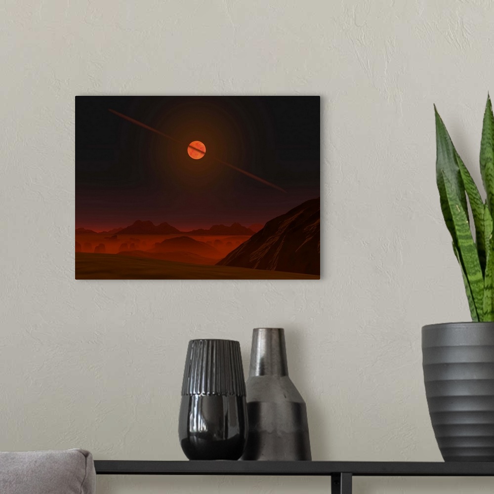 A modern room featuring A view across a hypothetical primitive alien planet towards a brown dwarf in the sky. This brown ...