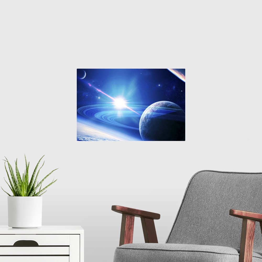 A modern room featuring A view of a planet as it looms in close orbit and with rings so close you can almost touch them.