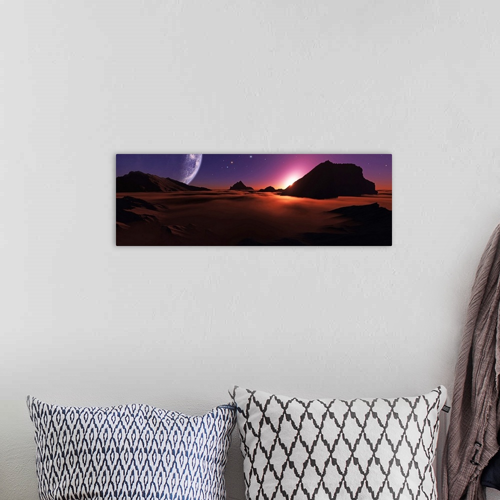 A bohemian room featuring A view of an alien sunset from high above the clouds.