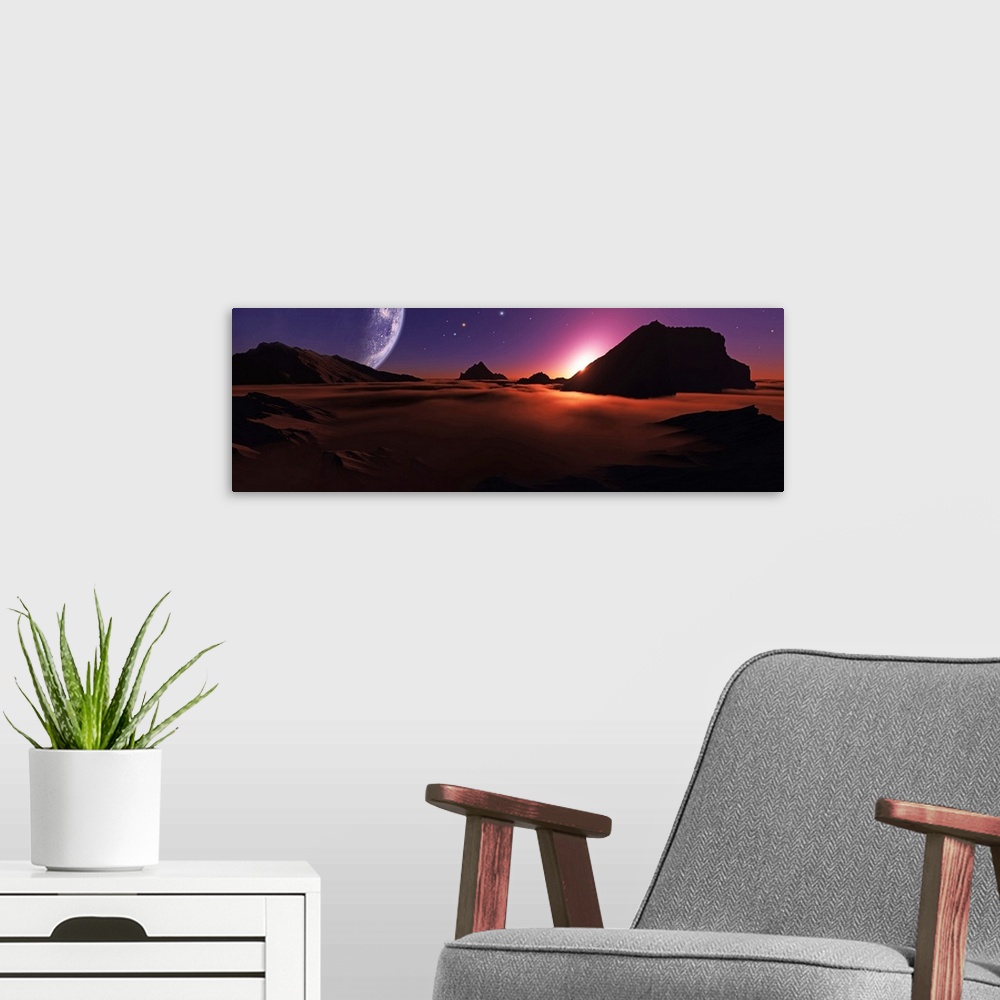 A modern room featuring A view of an alien sunset from high above the clouds.