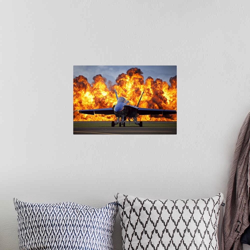 A bohemian room featuring September 28, 2012 - A wall of fire erupts behind a U.S. Navy F/A-18 Hornet aircraft with the Blu...