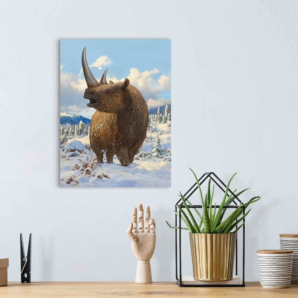 A bohemian room featuring A woolly rhinoceros standing in the snow.
