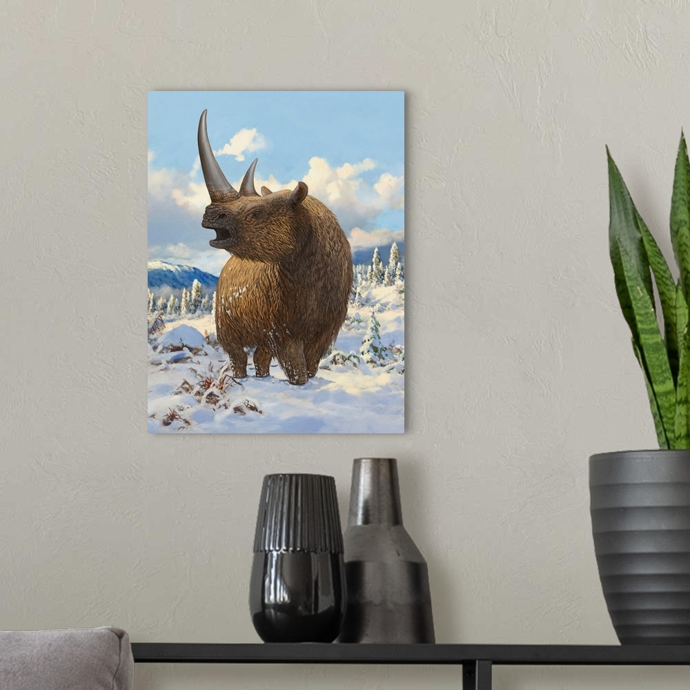 A modern room featuring A woolly rhinoceros standing in the snow.