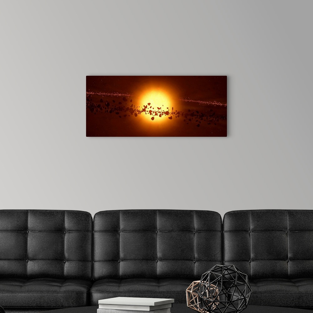 A modern room featuring This is an artistic rendering of star being orbited by a ring of asteroids in this panoramic wall...