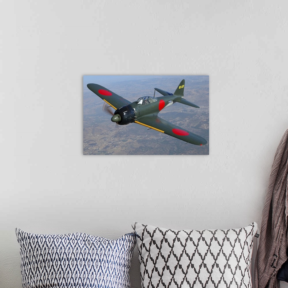 A bohemian room featuring A6M Japaneese Zero flying over Chino, California.