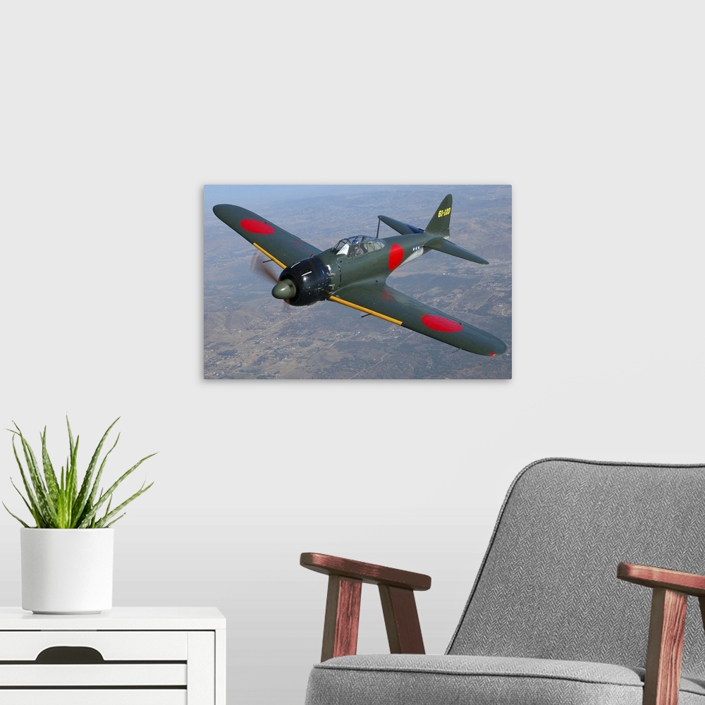 A modern room featuring A6M Japaneese Zero flying over Chino, California.