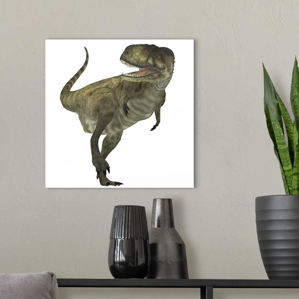 A modern room featuring Abelisaurus dinosaur. Abelisaurus was a carnivorous theropod dinosaur that lived in the Cretaceou...