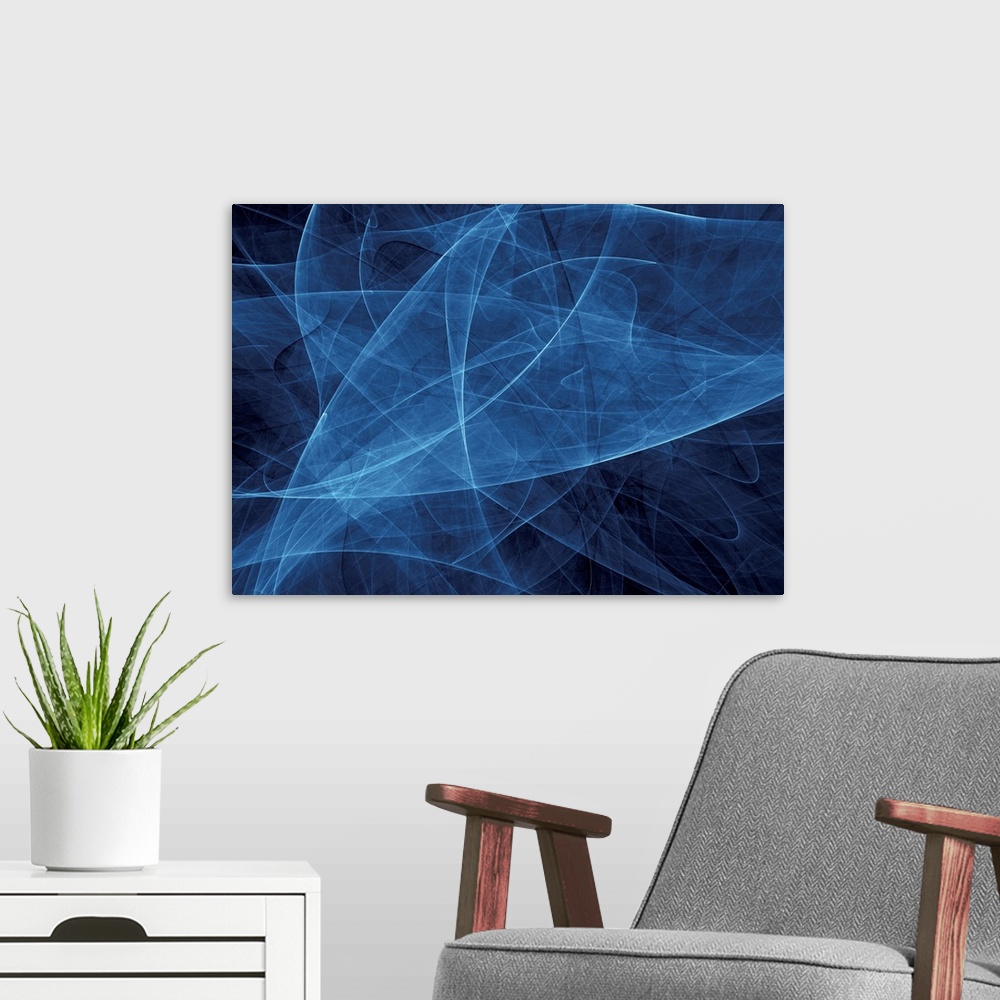 A modern room featuring Contemporary abstract image of pulsing light bands overlapping each other, creating layers of var...