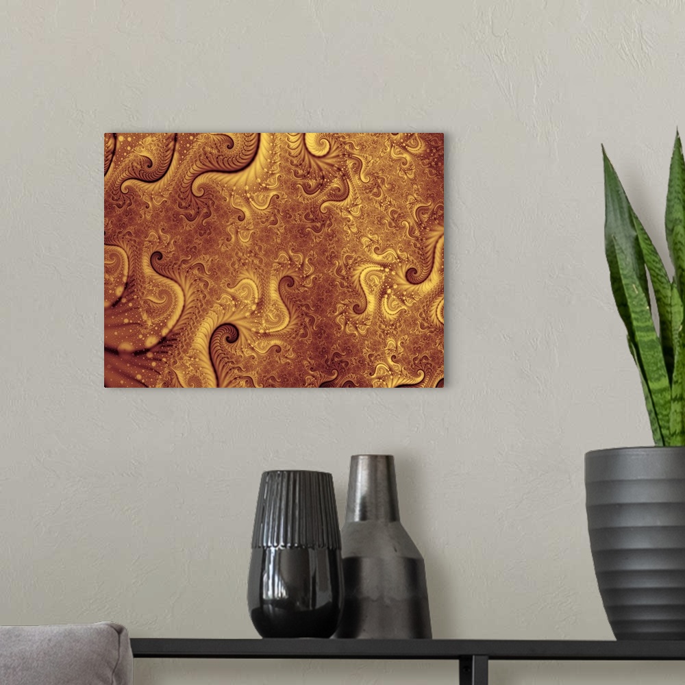 A modern room featuring Abstract artwork that uses warm colors with swirls of different shapes and sizes that have other ...