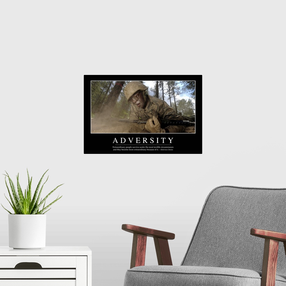 A modern room featuring Adversity: Inspirational Quote and Motivational Poster
