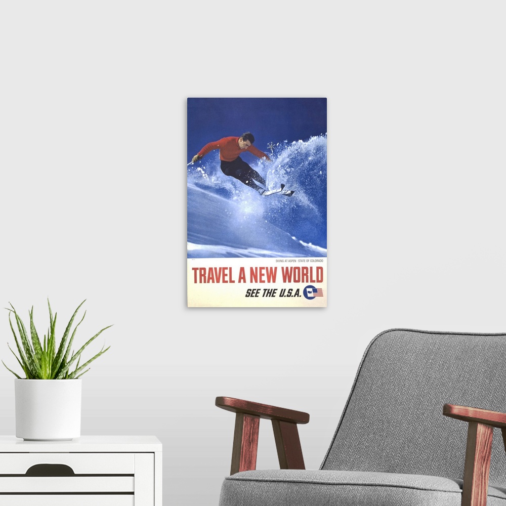 A modern room featuring Advertisement Of Man Skiing At Aspen, Colorado, 1962