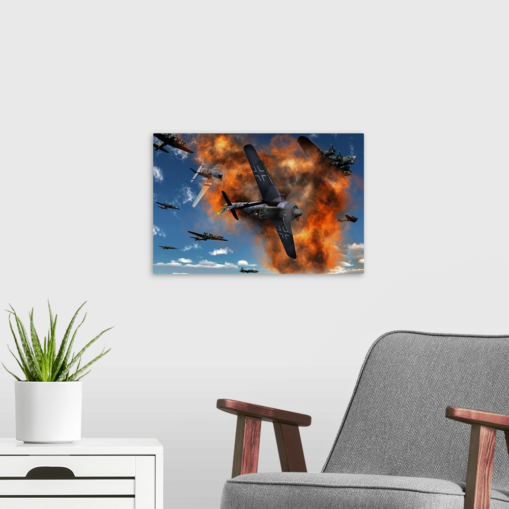A modern room featuring World War II aerial combat between American P-51 Mustang and German Focke-Wulf 190 fighter planes.
