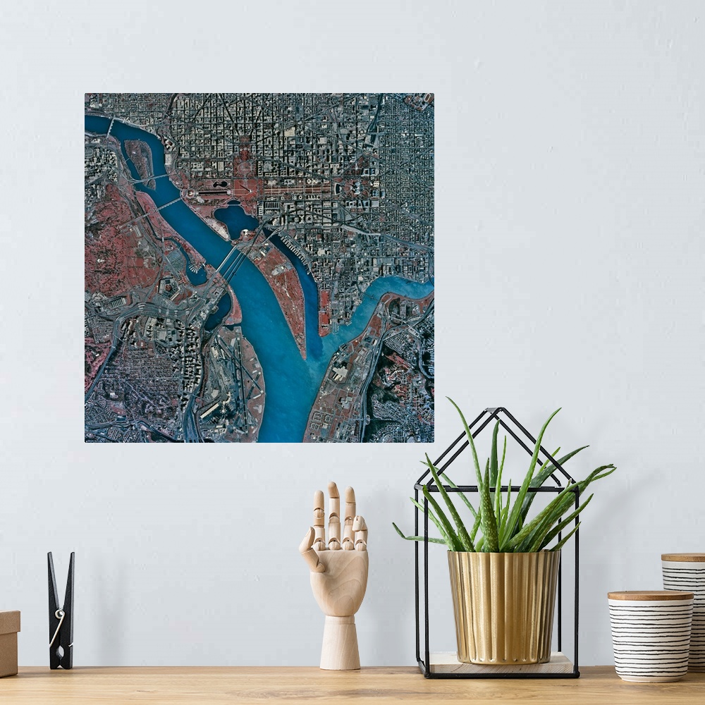 A bohemian room featuring Square large wall picture of a birds eye view of Washington DC, including the Potomac River.