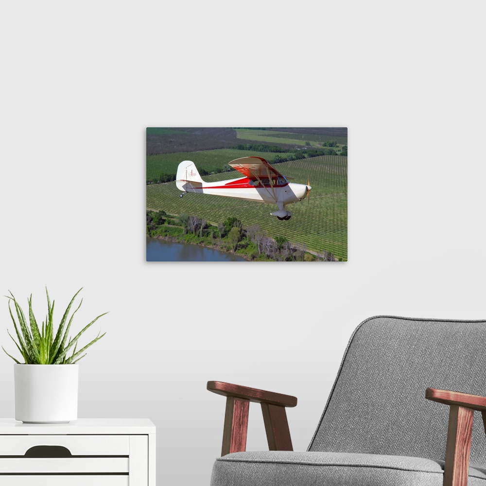 A modern room featuring Aeronca Chief flying over Sacramento Valley, California..