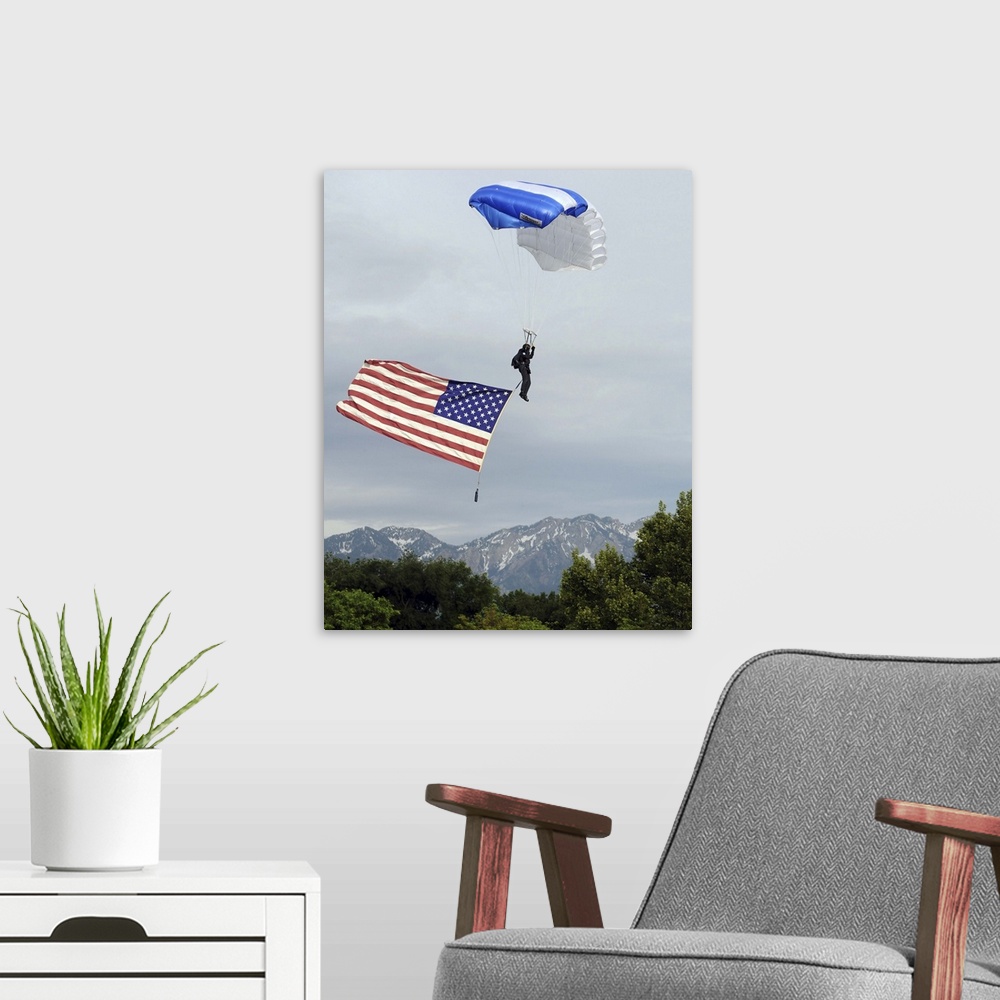 A modern room featuring Airman floats through the sky carrying the American flag.