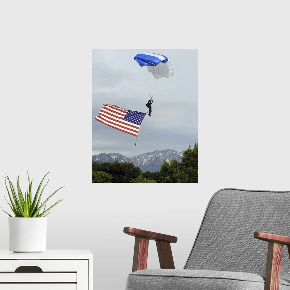 A modern room featuring Airman floats through the sky carrying the American flag.