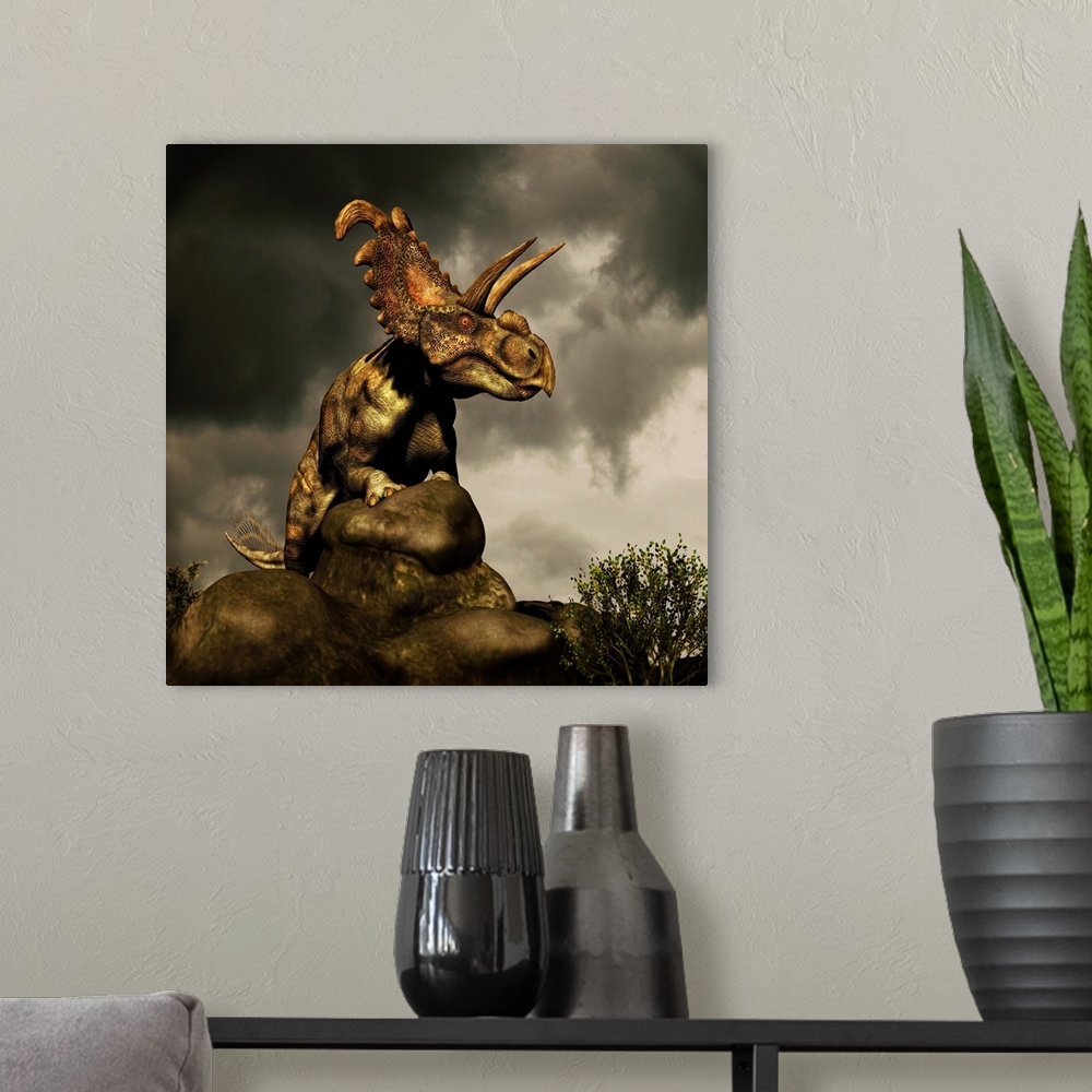 A modern room featuring Albertaceratops surveys the land.