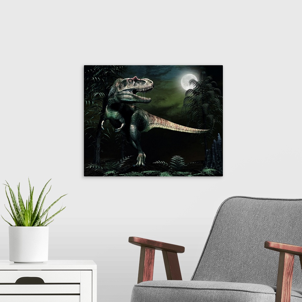 A modern room featuring Albertosaurus hunts by moonlight.