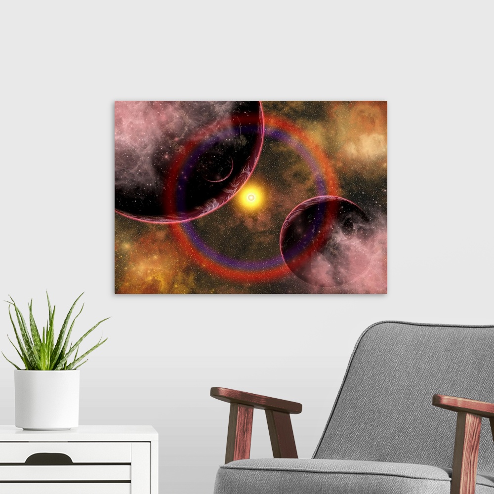 A modern room featuring Alien planets located in a vast colorful gaseous nebula.