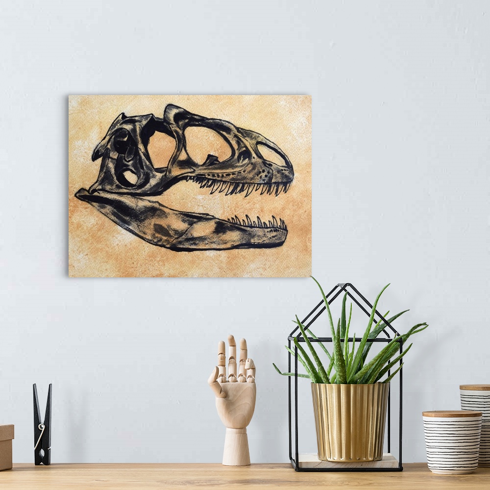 A bohemian room featuring Allosaurus dinosaur skull on textured background.