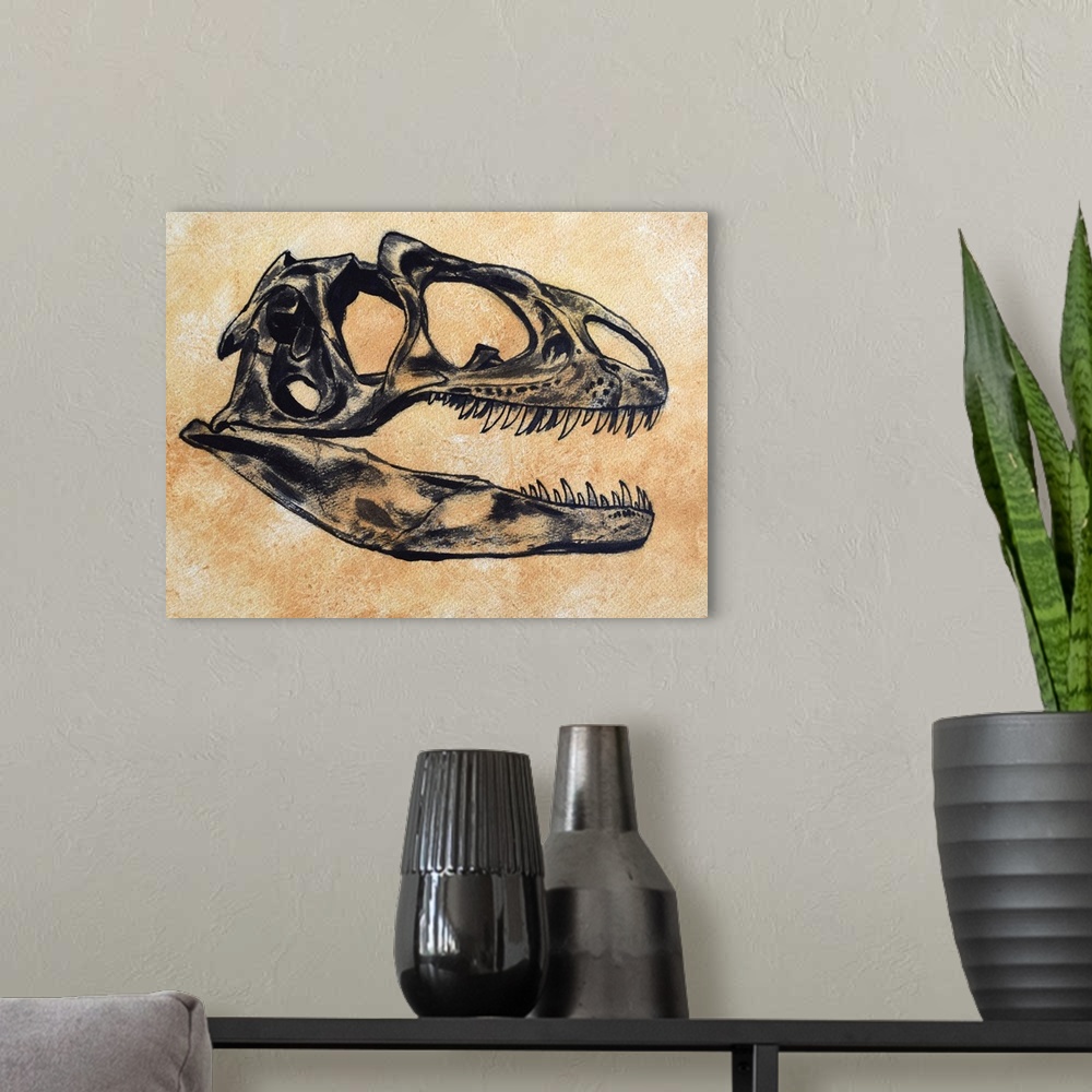 A modern room featuring Allosaurus dinosaur skull on textured background.