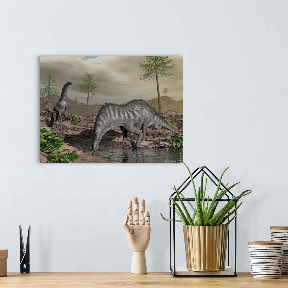 A bohemian room featuring Amargasaurus dinosaurs drinking from a stream.