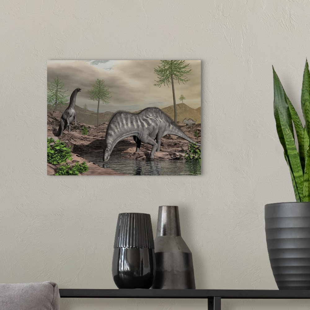 A modern room featuring Amargasaurus dinosaurs drinking from a stream.