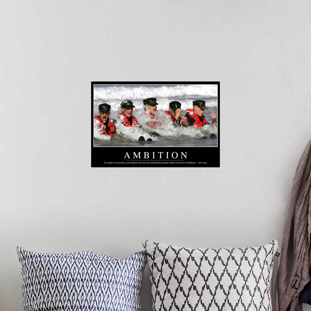 A bohemian room featuring Ambition: Inspirational Quote and Motivational Poster