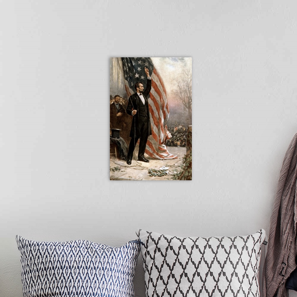 A bohemian room featuring Digitally restored vintage American Civil War painting featuring President Abraham Lincoln holdin...