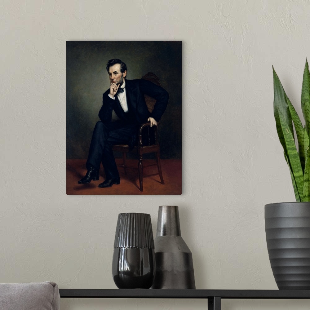 A modern room featuring Vintage American Civil War painting of President Abraham Lincoln seated in a chair.