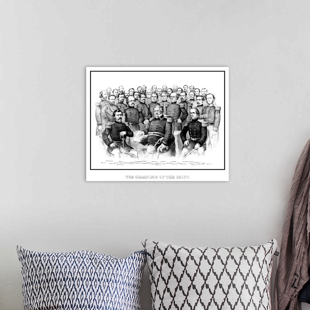 A bohemian room featuring Vintage American Civil War print featuring a group portrait of early war Union Generals. It reads...