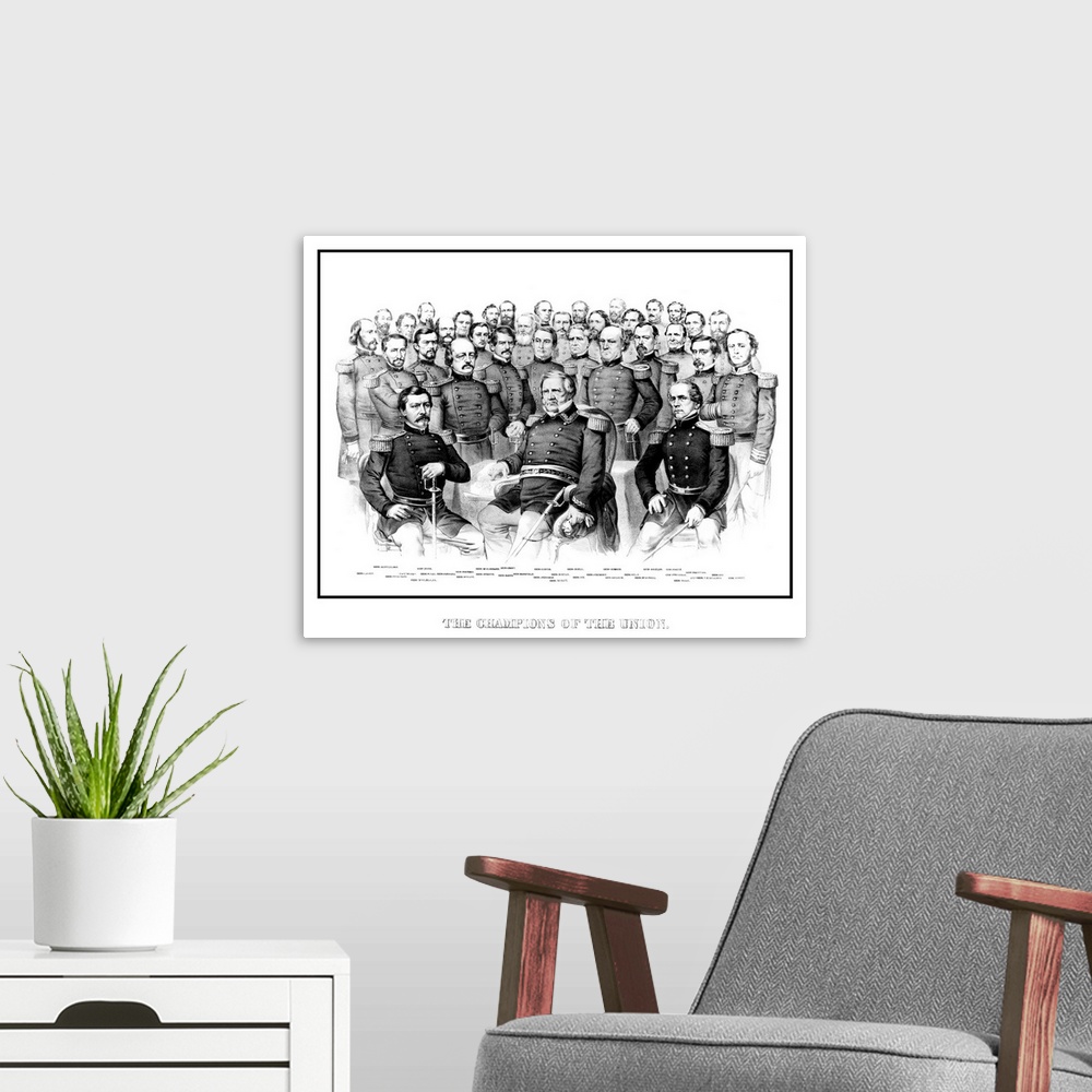 A modern room featuring Vintage American Civil War print featuring a group portrait of early war Union Generals. It reads...