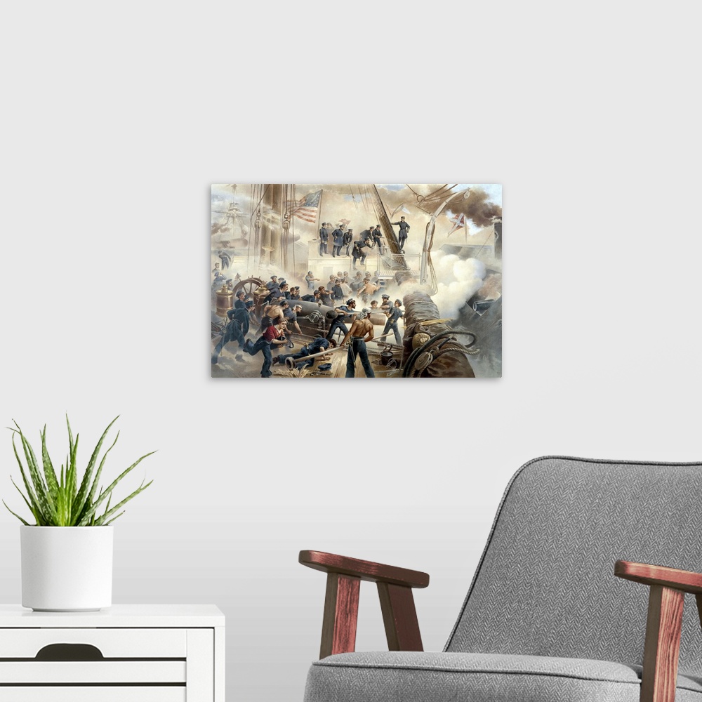 A modern room featuring Vintage American Civil War print showing a battle at sea between Union and Confederate ships.
