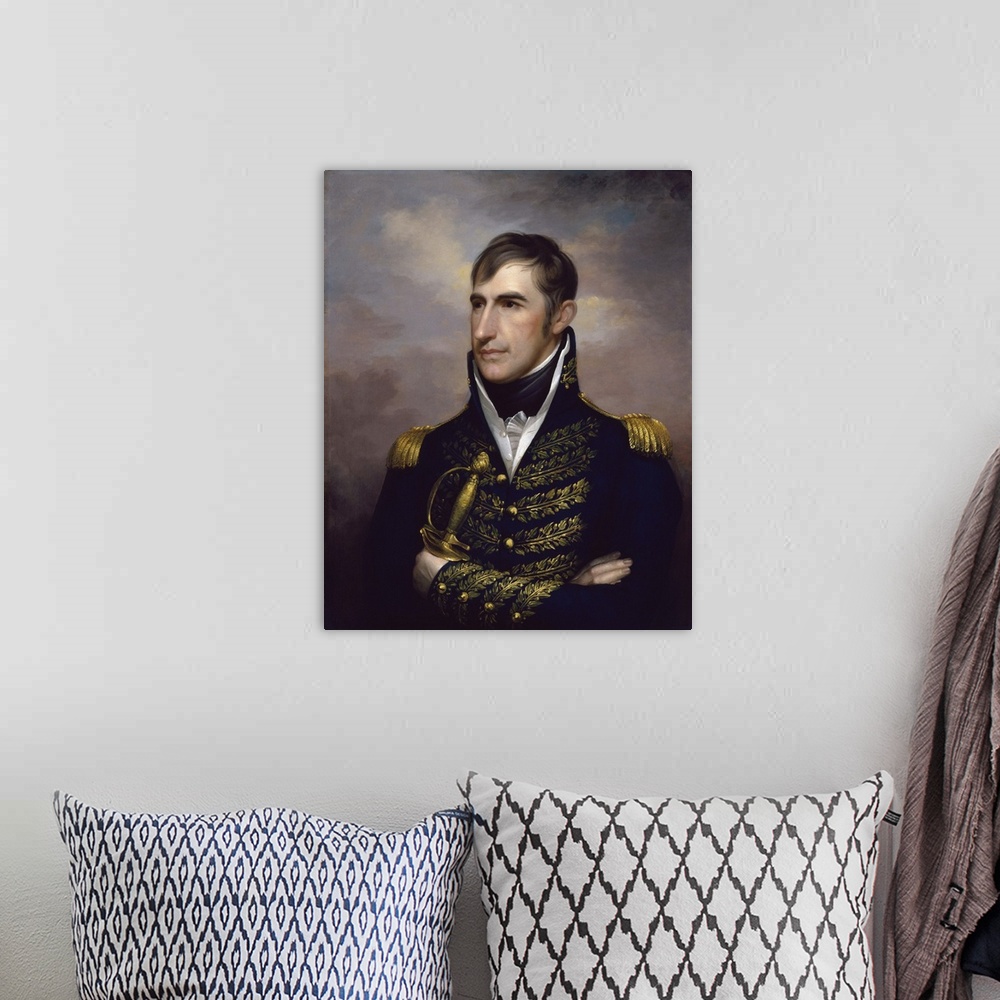 A bohemian room featuring American history painting of President William Henry Harrison.