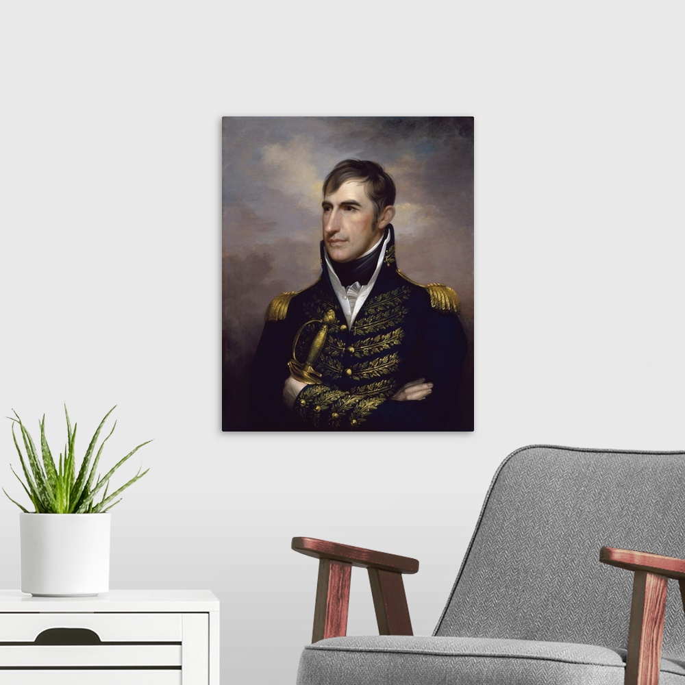 A modern room featuring American history painting of President William Henry Harrison.
