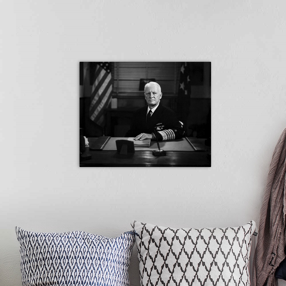 A bohemian room featuring American history photo of Admiral Chester William Nimitz.