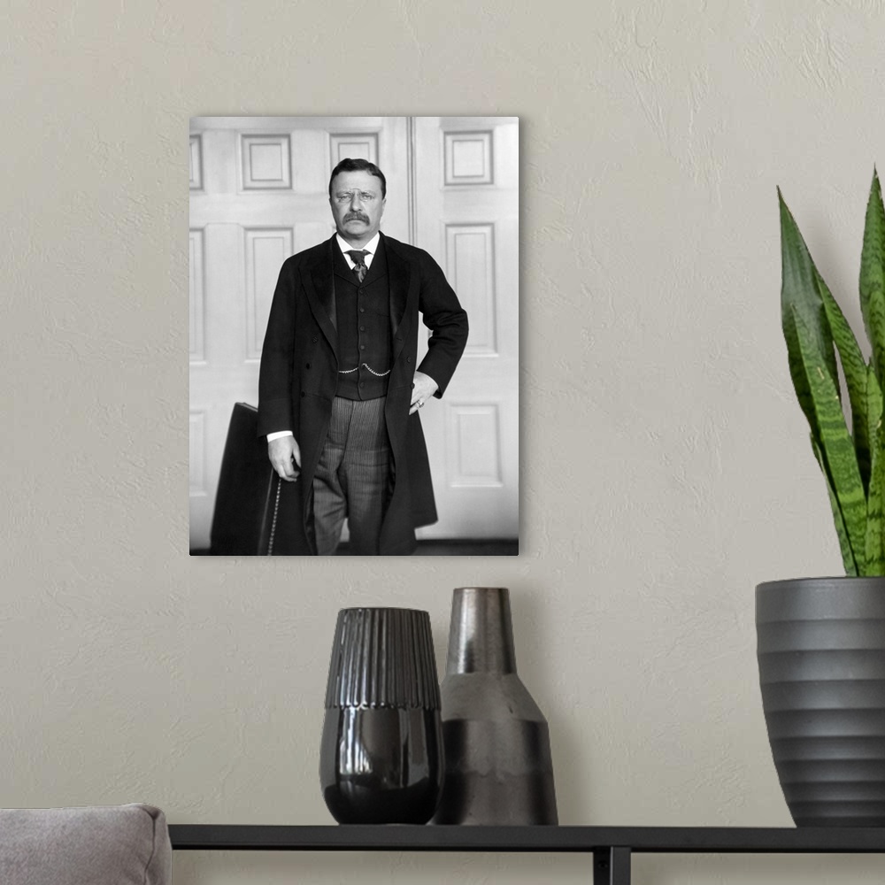 A modern room featuring American history photo of President Theodore Roosevelt in his office.