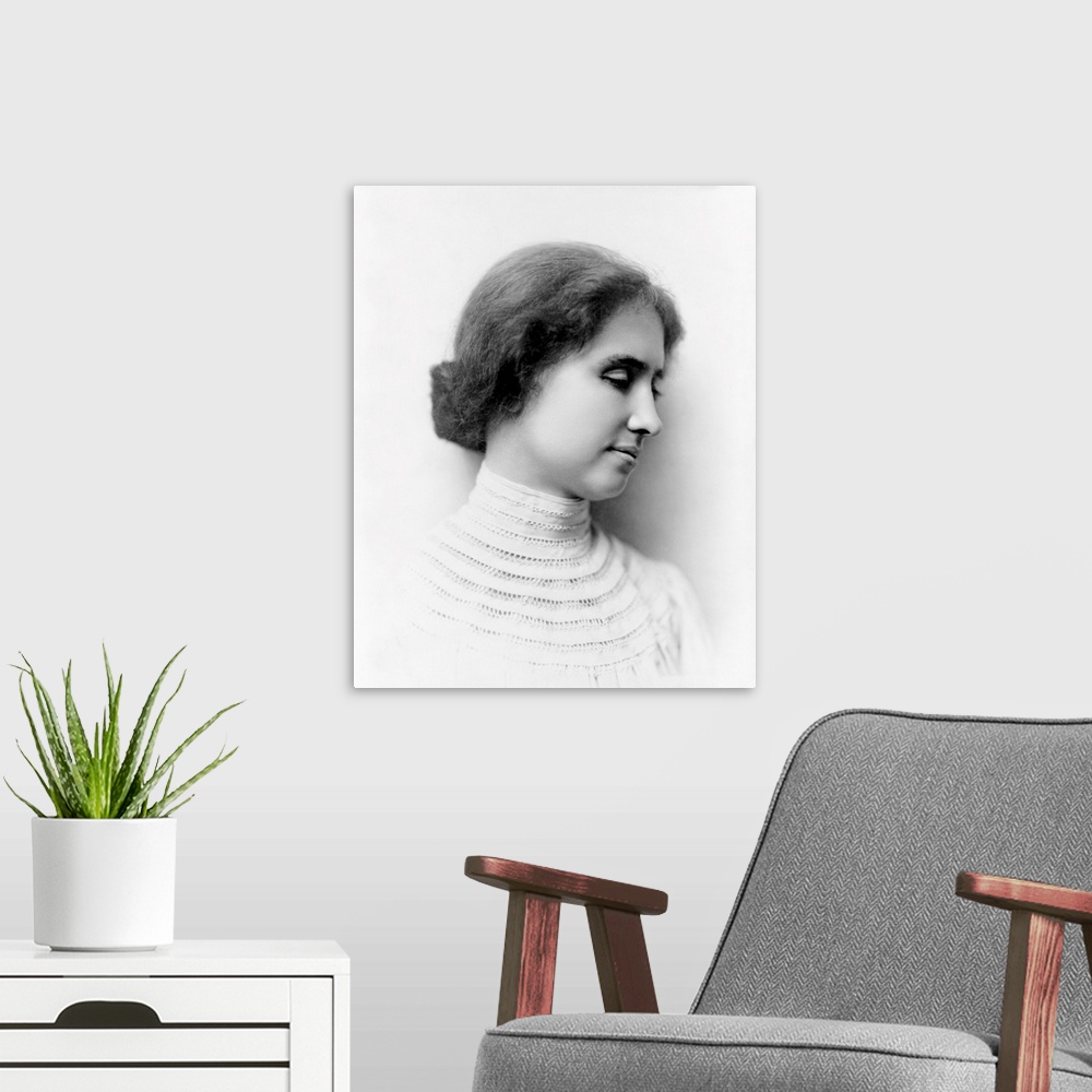 A modern room featuring American history photograph of a teenage Helen Keller in 1904.