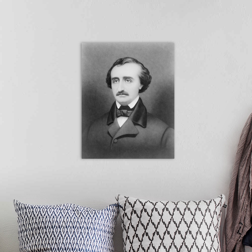 A bohemian room featuring American history portrait of author and poet Edgar Allan Poe.