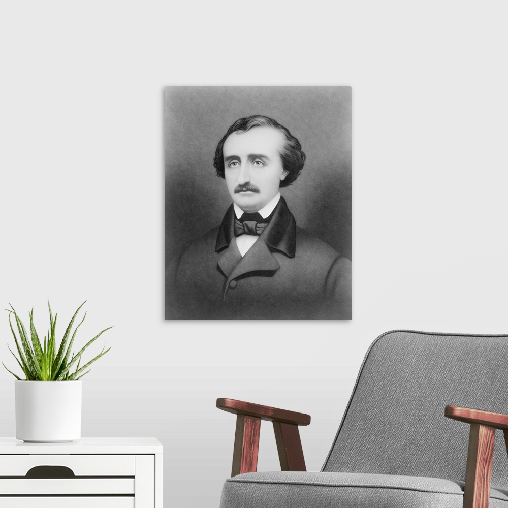 A modern room featuring American history portrait of author and poet Edgar Allan Poe.