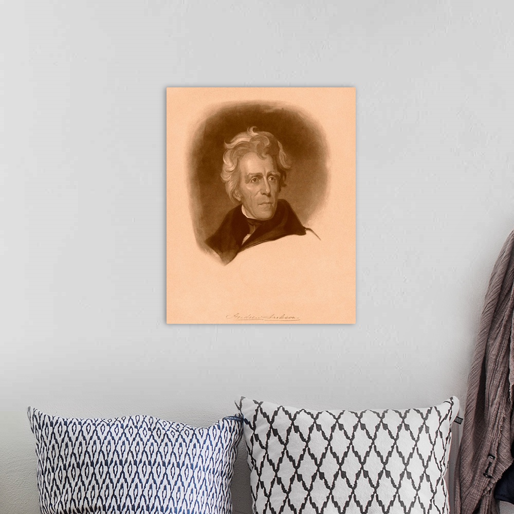A bohemian room featuring Digitally restored American history portrait of President Andrew Jackson and his signature.