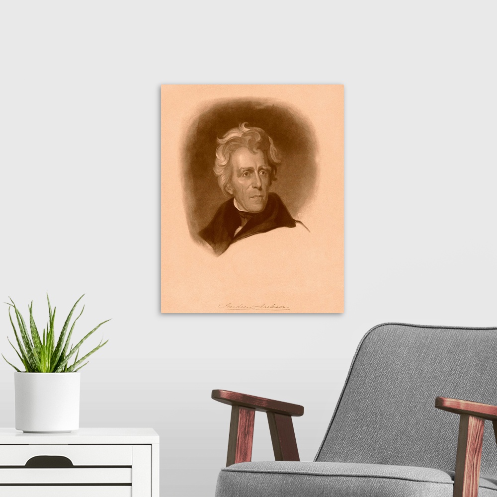 A modern room featuring Digitally restored American history portrait of President Andrew Jackson and his signature.