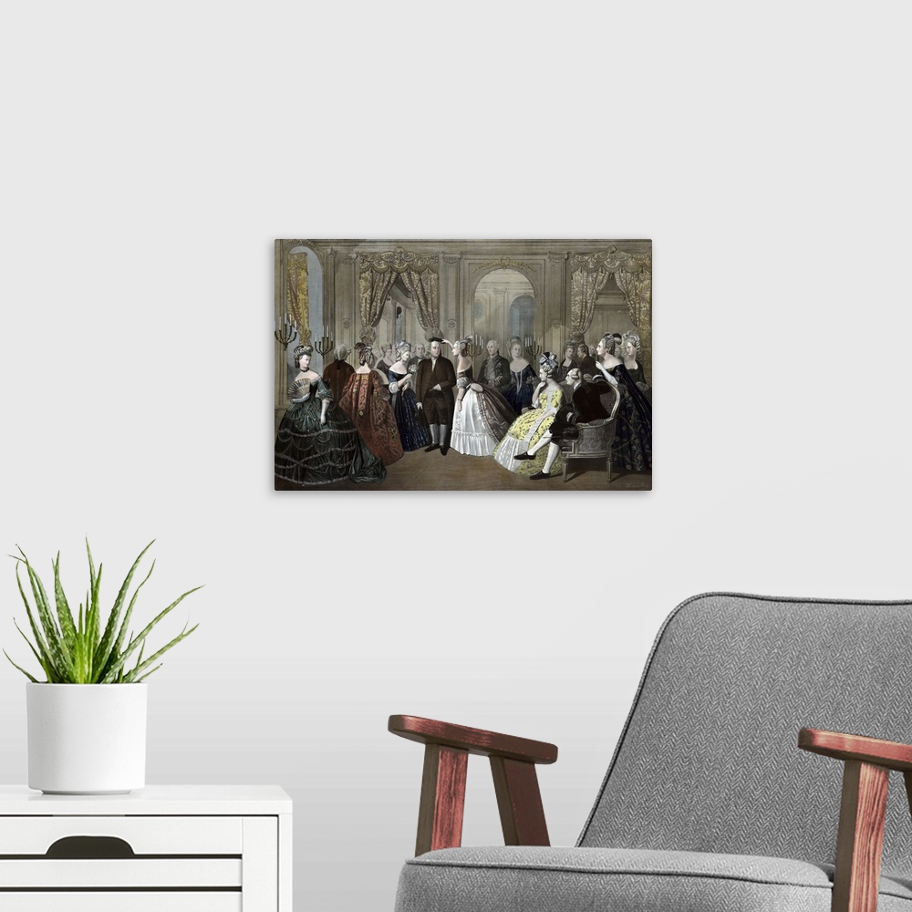A modern room featuring American History print of Benjamin Franklin's reception by the French court.