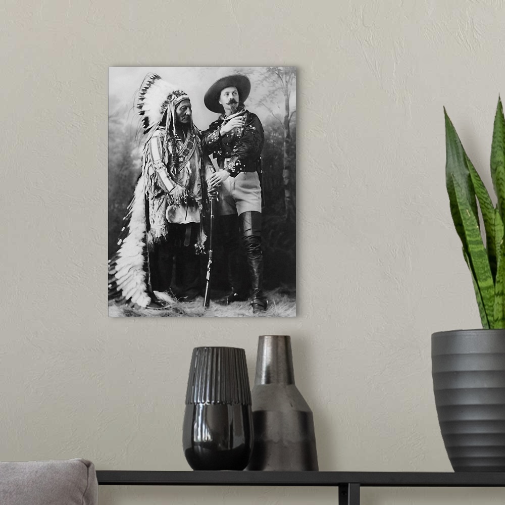A modern room featuring American history print of Buffalo Bill and Sitting Bull in 1897.